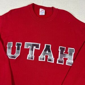 Vintage Utah Utes Sweatshirt‎ L Red Flannel Applique Letters Made in USA Jerzees